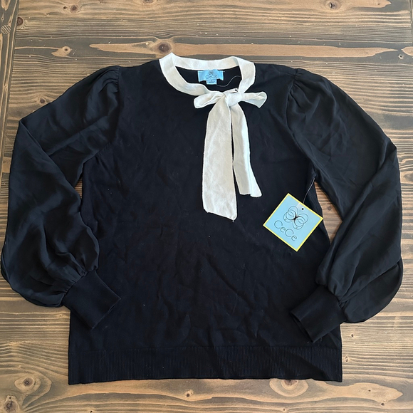 New CeCe Black White Bow Collar Long Sleeve Sweater Size S Puff Sleeve - Picture 7 of 7